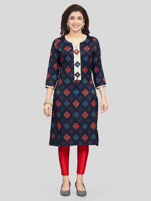 Navy-blue printed rayon long-kurtis 1