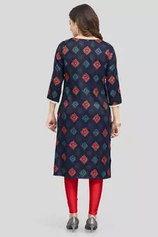 Navy-blue printed rayon long-kurtis