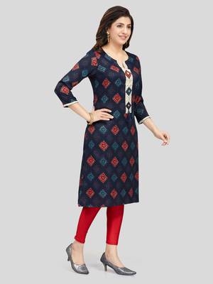 Navy-blue printed rayon long-kurtis 3