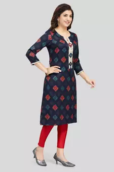 Navy-blue printed rayon long-kurtis
