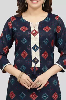 Navy-blue printed rayon long-kurtis