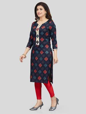Navy-blue printed rayon long-kurtis 5
