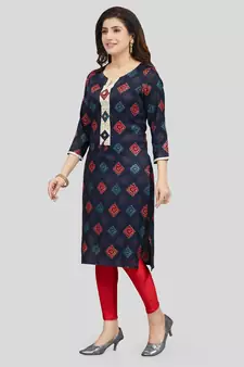 Navy-blue printed rayon long-kurtis