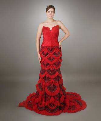 Red Sculpted Bodice Embroidered Mermaid Gown. 1