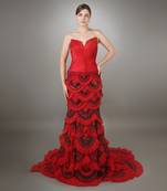Red Sculpted Bodice Embroidered Mermaid Gown.