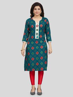 Green printed rayon long-kurtis 1