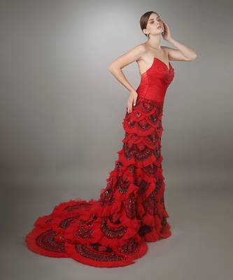 Red Sculpted Bodice Embroidered Mermaid Gown. 2