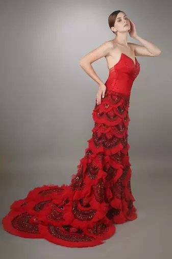 Red Sculpted Bodice Embroidered Mermaid Gown.