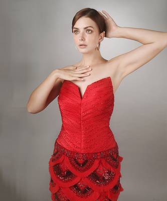 Red Sculpted Bodice Embroidered Mermaid Gown. 3