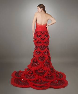 Red Sculpted Bodice Embroidered Mermaid Gown. 4