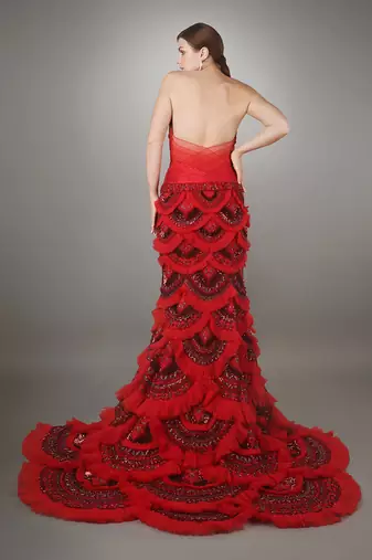 Red Sculpted Bodice Embroidered Mermaid Gown.