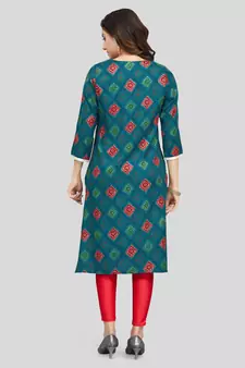 Green printed rayon long-kurtis