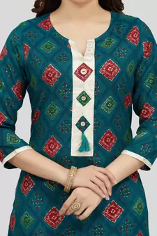 Green printed rayon long-kurtis