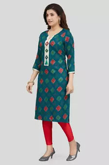 Green printed rayon long-kurtis