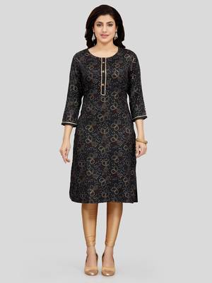 Black printed rayon long-kurtis 1