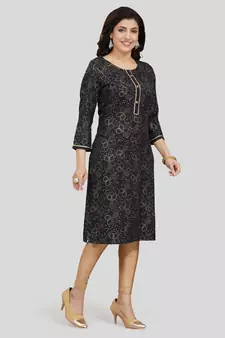 Black printed rayon long-kurtis