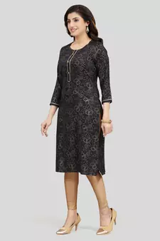 Black printed rayon long-kurtis