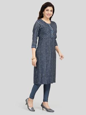 Navy-blue printed rayon long-kurtis 3