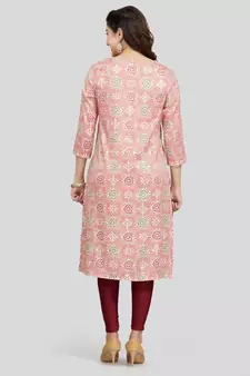 Pink printed rayon long-kurtis