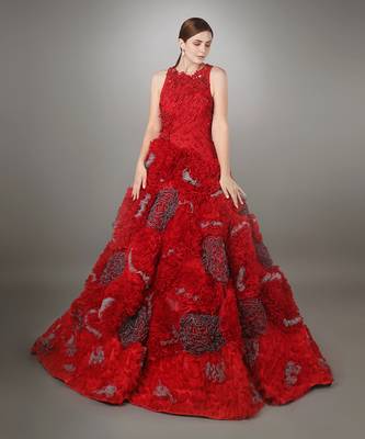 Red Ruched And Embroidered Ball Gown With Heavy Ruffle Texture 1