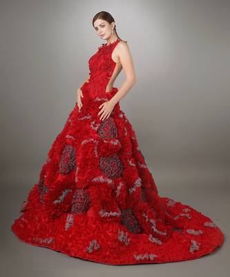 Red Ruched And Embroidered Ball Gown With Heavy Ruffle Texture 2