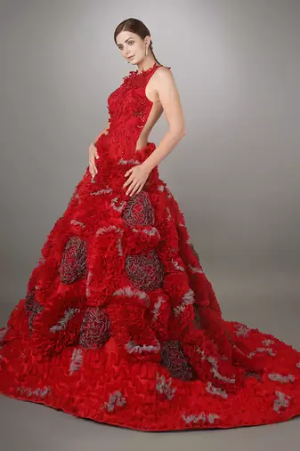 Red Ruched And Embroidered Ball Gown With Heavy Ruffle Texture