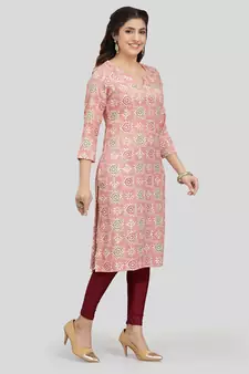 Pink printed rayon long-kurtis