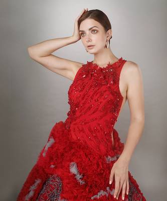 Red Ruched And Embroidered Ball Gown With Heavy Ruffle Texture 3