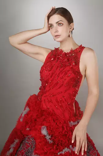 Red Ruched And Embroidered Ball Gown With Heavy Ruffle Texture