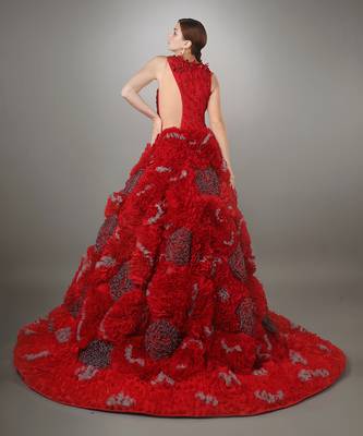 Red Ruched And Embroidered Ball Gown With Heavy Ruffle Texture 4