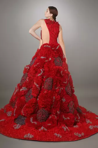 Red Ruched And Embroidered Ball Gown With Heavy Ruffle Texture