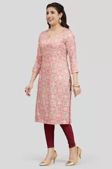 Pink printed rayon long-kurtis