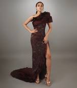 Wine Sculpted Bodice Embroidered With Ruffled Trail Sheath Gown.