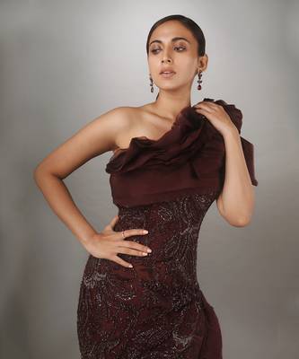 Wine Sculpted Bodice Embroidered With Ruffled Trail Sheath Gown. 2