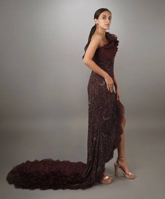 Wine Sculpted Bodice Embroidered With Ruffled Trail Sheath Gown. 3