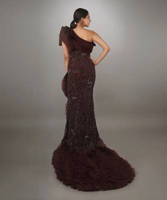 Wine Sculpted Bodice Embroidered With Ruffled Trail Sheath Gown. 4