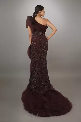 Wine Sculpted Bodice Embroidered With Ruffled Trail Sheath Gown.