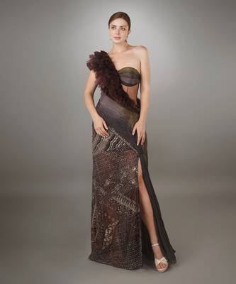 Wine Ruffled Detail Bodice Ruched Panel Embroidered Sheath Gown. 1