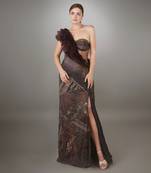 Wine Ruffled Detail Bodice Ruched Panel Embroidered Sheath Gown.