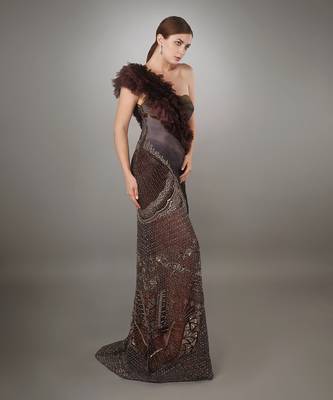 Wine Ruffled Detail Bodice Ruched Panel Embroidered Sheath Gown. 2