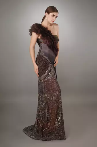 Wine Ruffled Detail Bodice Ruched Panel Embroidered Sheath Gown.