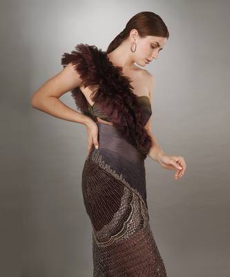 Wine Ruffled Detail Bodice Ruched Panel Embroidered Sheath Gown. 3