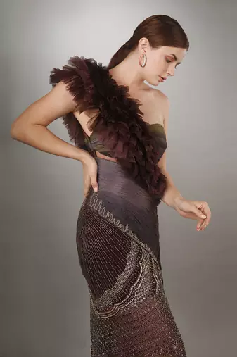 Wine Ruffled Detail Bodice Ruched Panel Embroidered Sheath Gown.