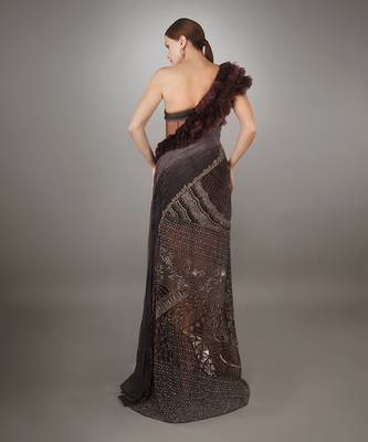 Wine Ruffled Detail Bodice Ruched Panel Embroidered Sheath Gown. 4
