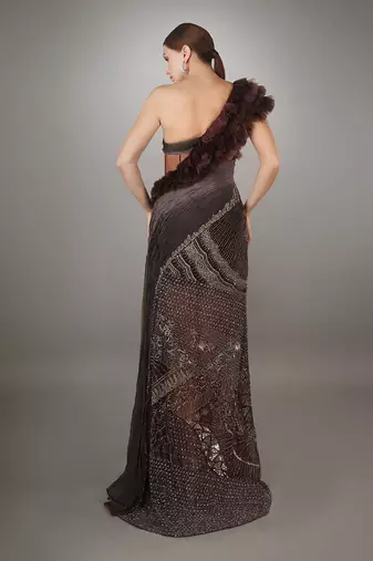 Wine Ruffled Detail Bodice Ruched Panel Embroidered Sheath Gown.