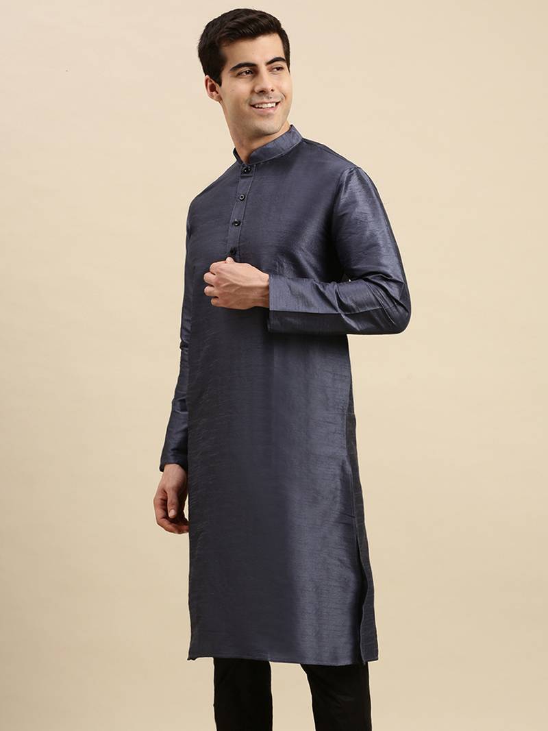 Sanwara Men's Grey Solid Long Sleeve Art Silk Elegant Kurta