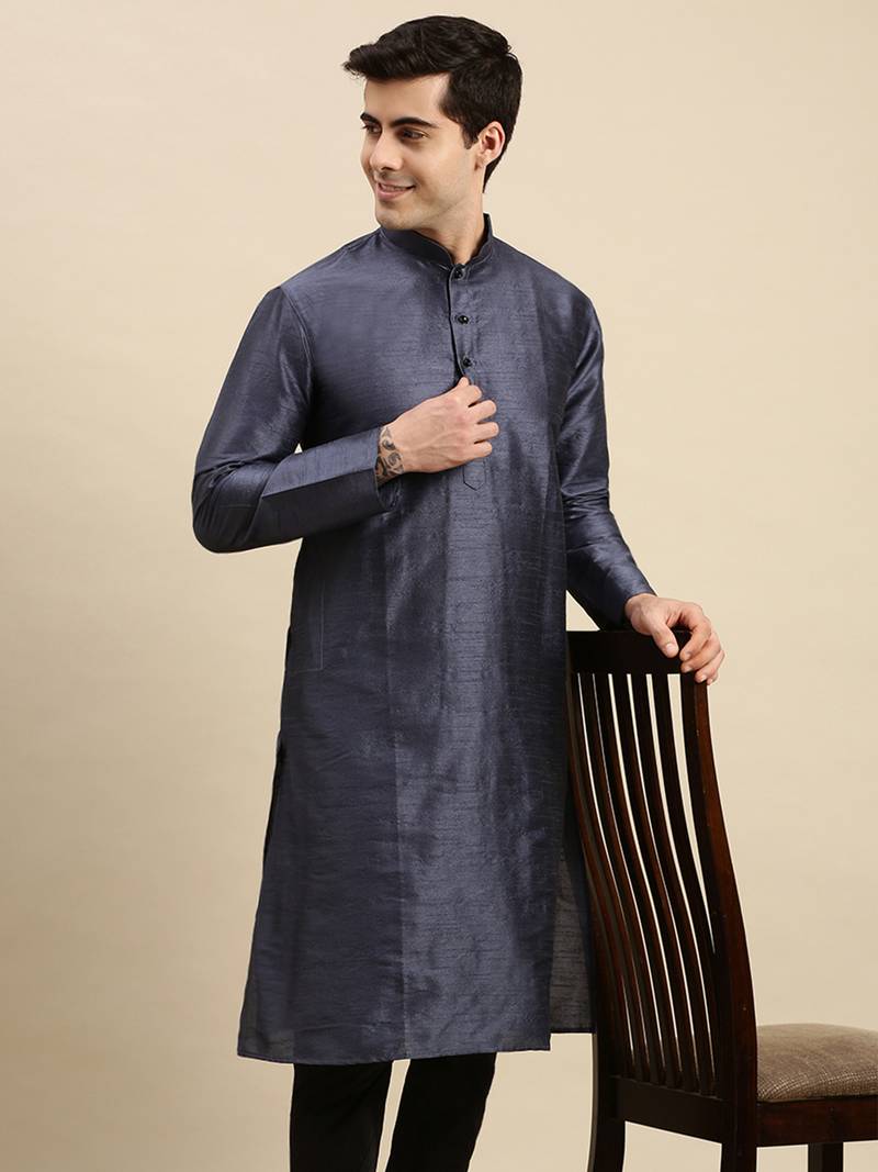 Sanwara Men's Grey Solid Long Sleeve Art Silk Elegant Kurta