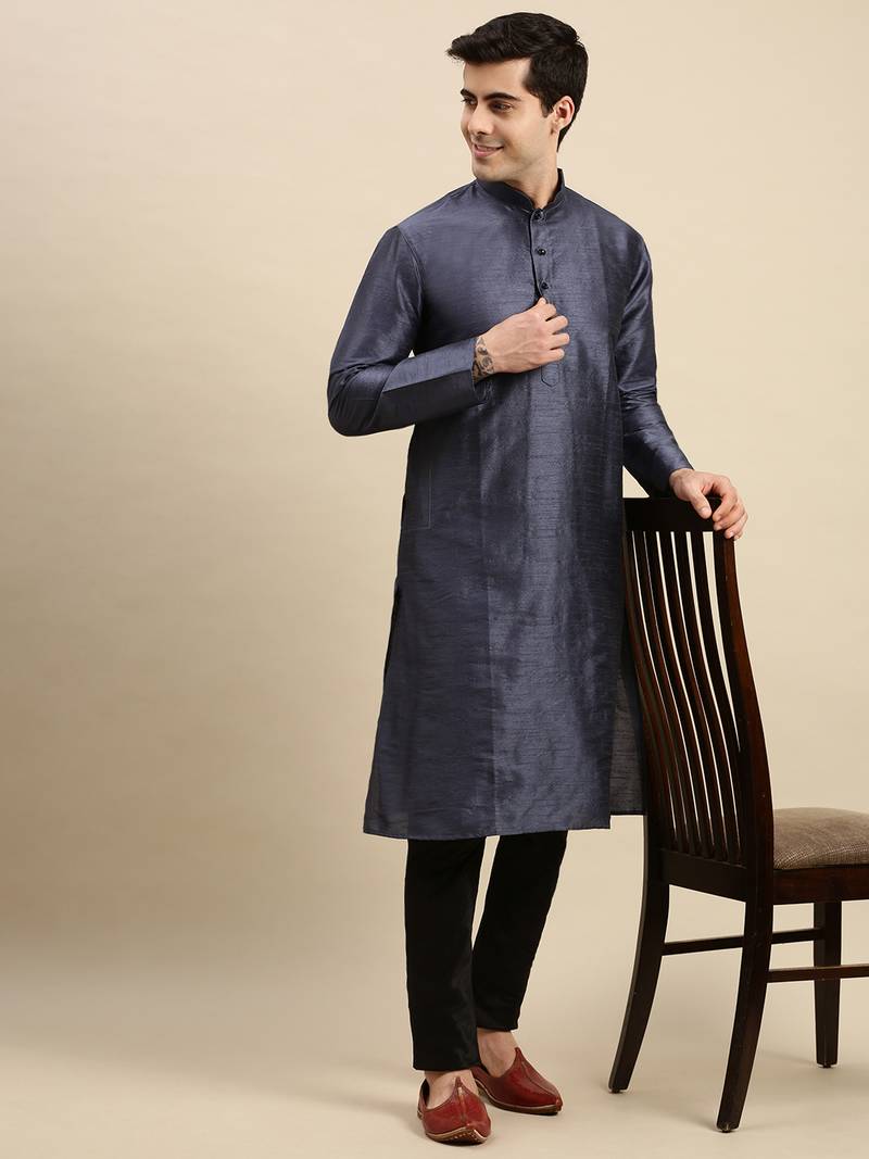 Sanwara Men's Grey Solid Long Sleeve Art Silk Elegant Kurta