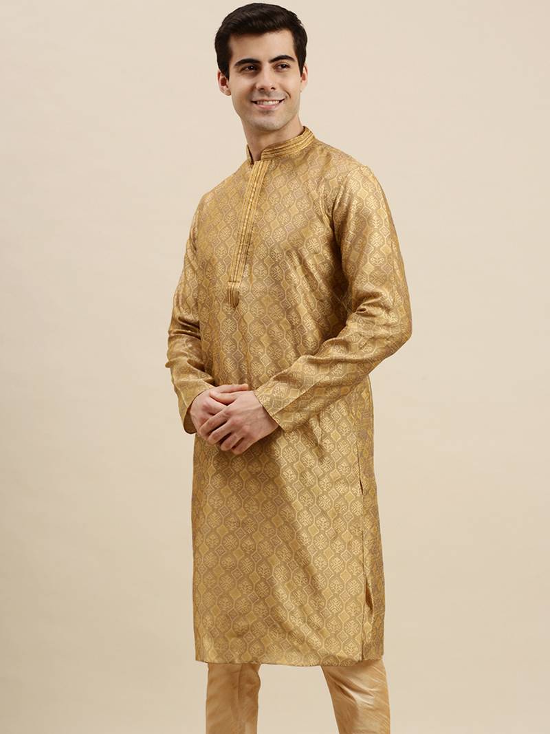 Sanwara Men's Khakee woven Long Sleeve Art Silk Elegant Kurta