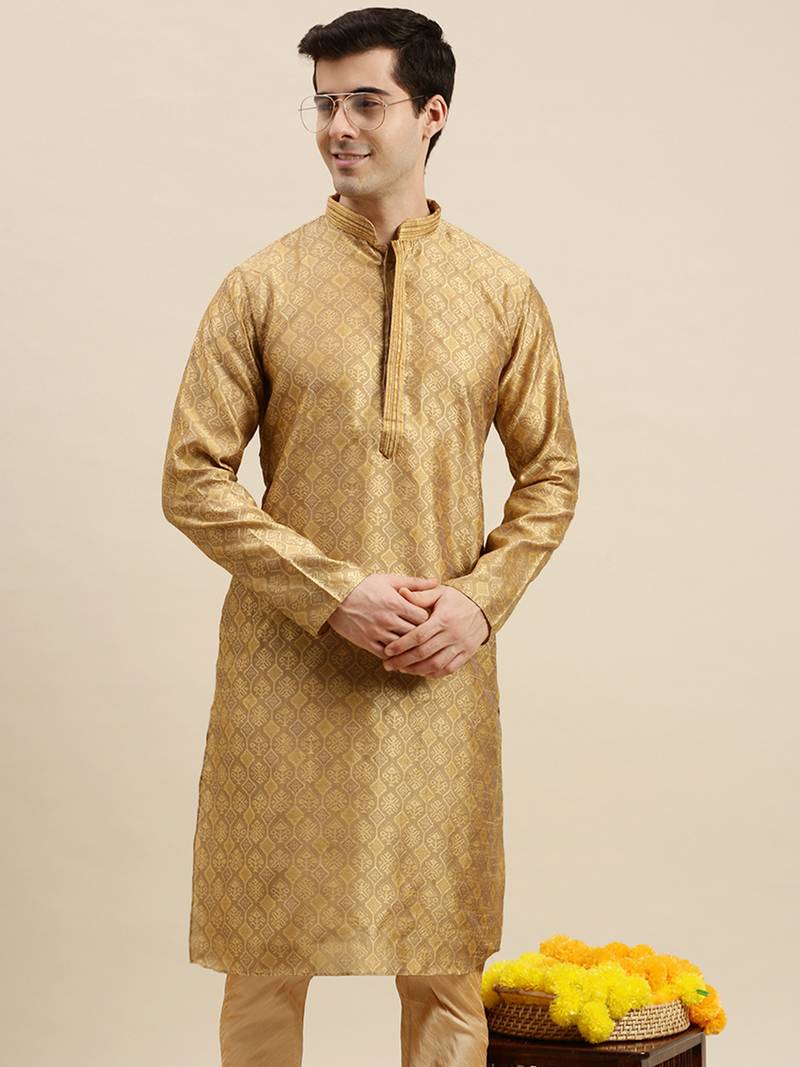 Sanwara Men's Khakee woven Long Sleeve Art Silk Elegant Kurta